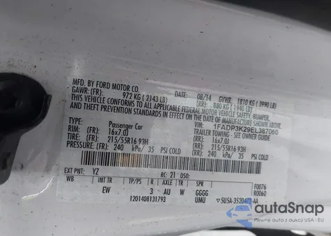 2014 Ford Focus Se from USA, damaged, VIN 1FADP3K29EL387060